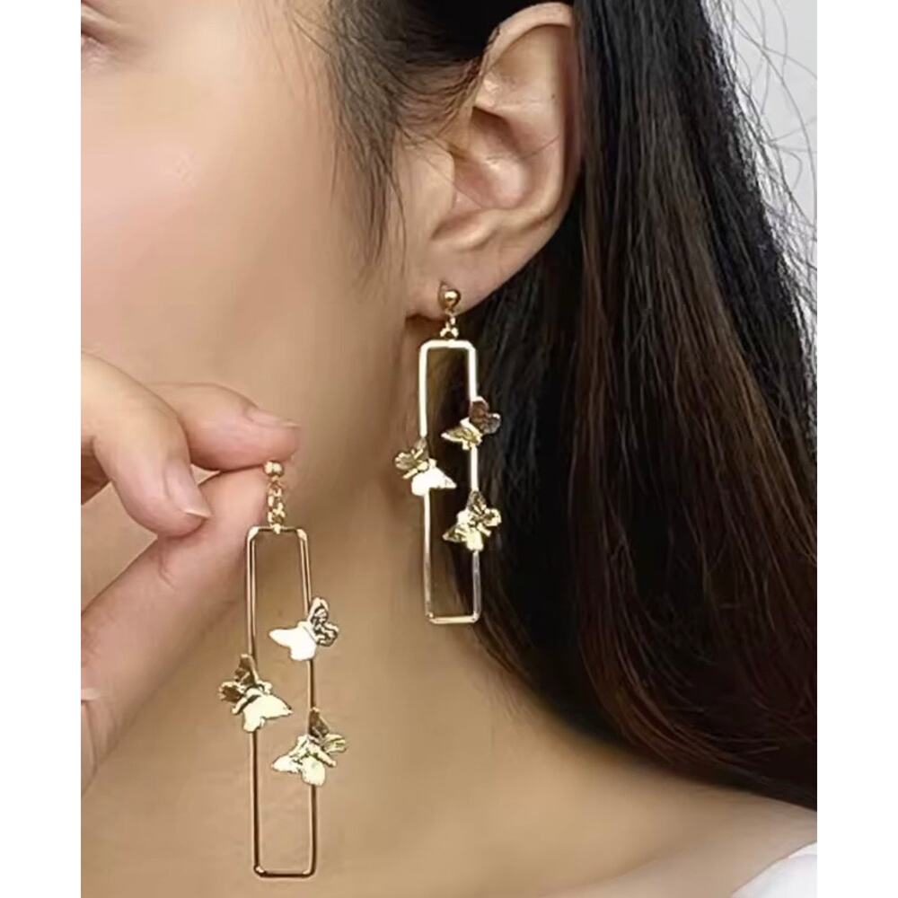 Clip on 2 3/4" gold butterfly long square dangle earrings